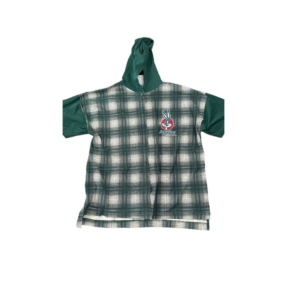 Vintage 1993 Looney Tunes Hooded Plaid Shirt Green Bugs Bunny 90s Grunge Kidcore